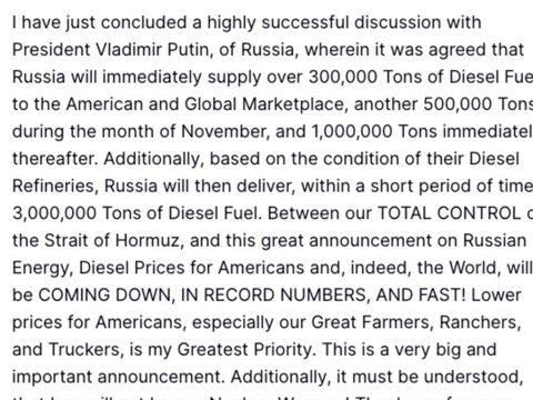 Trump Calls Putin, immediately agrees to release millions of barrels of diesel