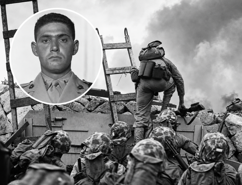 Less than a minute after this photograph was taken, Lt. Lopez was killed while attempting to save his fellow soldiers from a hand grenade. He was posthumously awarded the Medal of Honor for shielding his comrades from the grenade’s explosion with his own body.