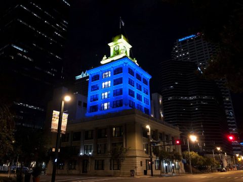 Tampa City Hall lights up blue in support of the Rays